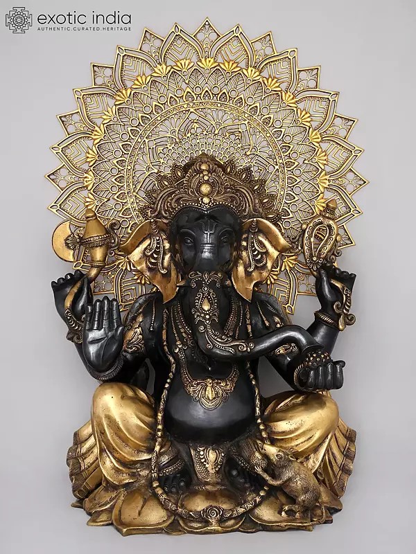 40" Large Chaturbhuja Lord Ganesha in Blessing Gesture with Mandala Backdrop | Brass Statue