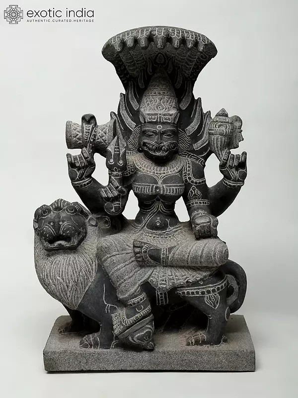 Goddess Pratyangira with Her Right Leg Placed on a Lotus (Granite Stone Carving)