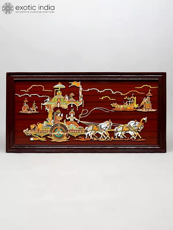 48" Mahabharata War View With Geeta Updesh | Natural Color On 3D Wood Painting With Inlay Work