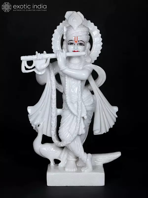 24" Lord Krishna Figurine With Beautiful Flute | Super White Vietnam Marble Statue