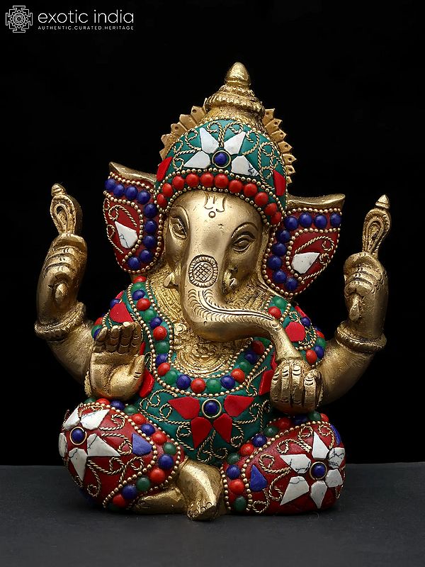 6" Small Four Armed Sitting Lord Ganesha | Brass Statue with Inlay Work