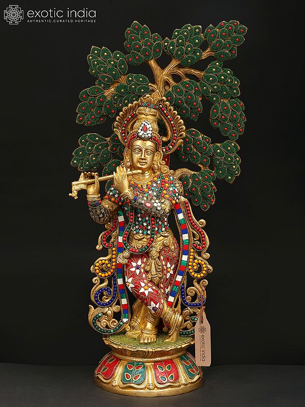 24" Lord Krishna Playing Flute Unde The Tree | Brass Statue with Inlay Work