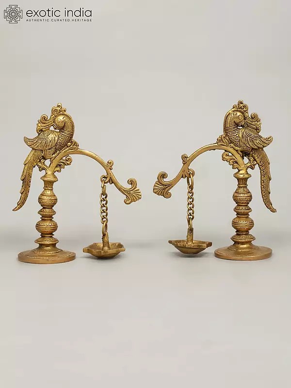 7" Pair of Designer Peacock Lamps in Brass
