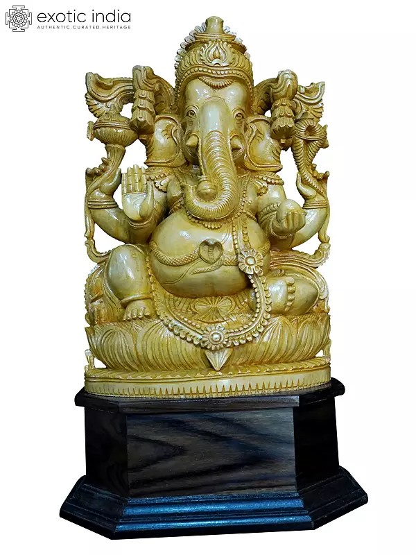 24" Four Armed Lord Ganesha | Handmade White Wood Statue