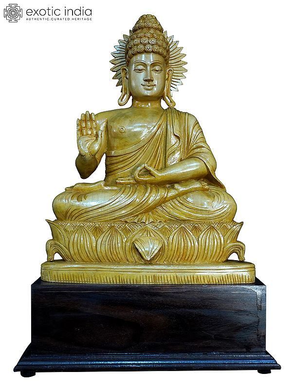 24" Lord Buddha Seated On Lotus Flower | Handmade White Wood Statue