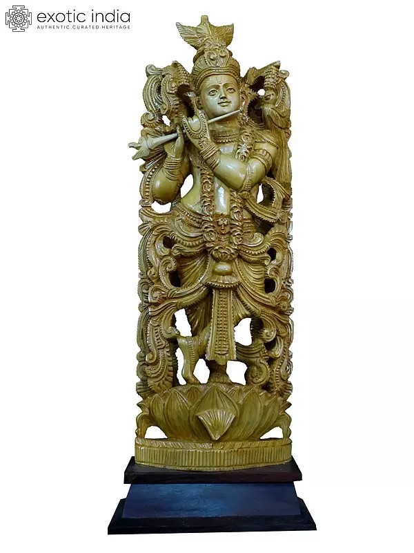 27" Standing Krishna Playing Flute | Handmade White Wood Statue