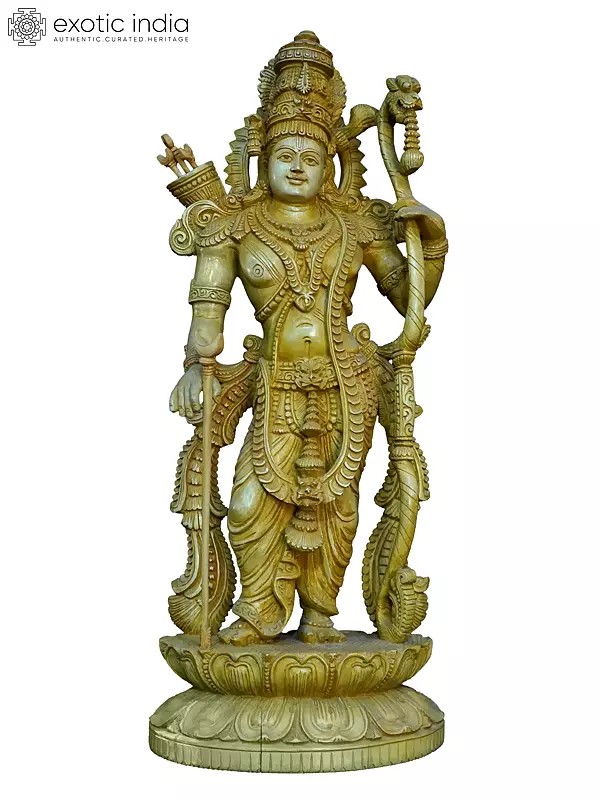 26" Lord Rama Standing On Lotus Flower | Handmade White Wood Statue