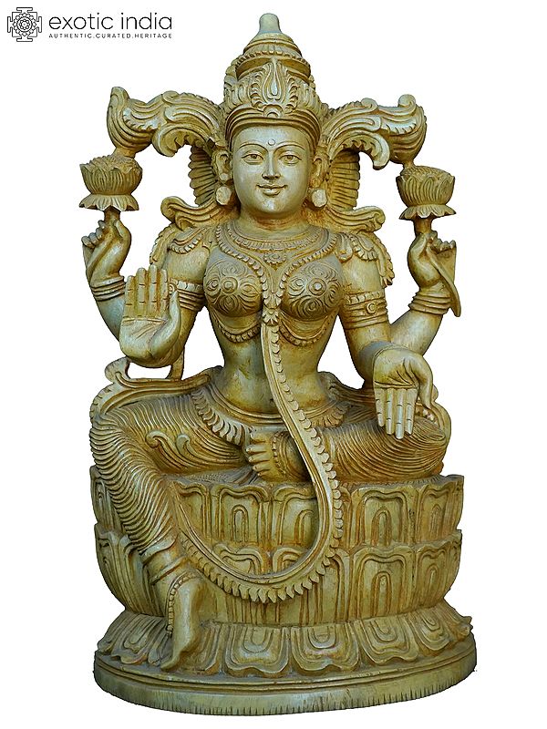 20" Four Armed Goddess Lakshmi In Blessing Mudra | Handmade White Wood Statue