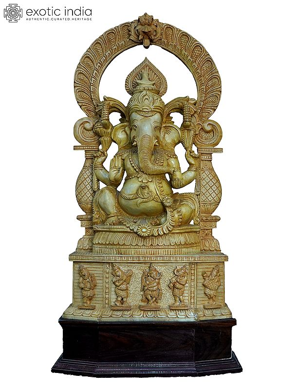 27" Chaturbhuja Ganesha Seated On Kirtimukha Throne | Handmade White Wood Statue