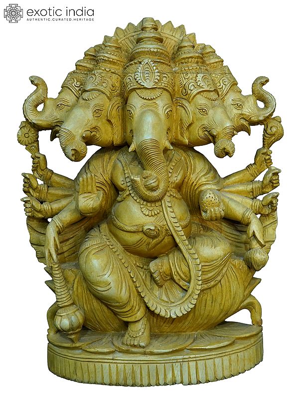 14" Panchamukhi Ganesha With Many Hands | Handmade White Wood Statue