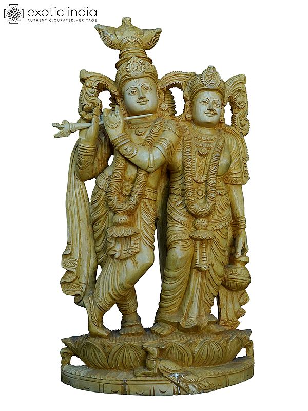 24" Radha And Krishna Statue For Temple | Handmade White Wood Statue