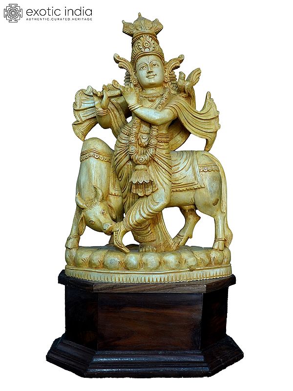 24" Lord Krishna With Cow | Handmade White Wood Statue