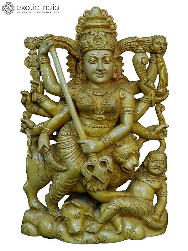 18" Mahishasurmardini Goddess Durga | Handmade White Wood Statue