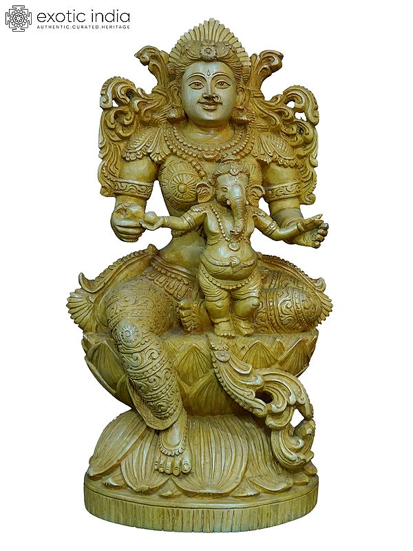 16" Goddess Parvati With Little Ganesha | Handmade White Wood Statue