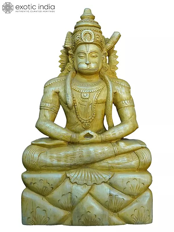 16" Lord Hanuman Seated In Dhyana Mudra | Handmade White Wood Statue