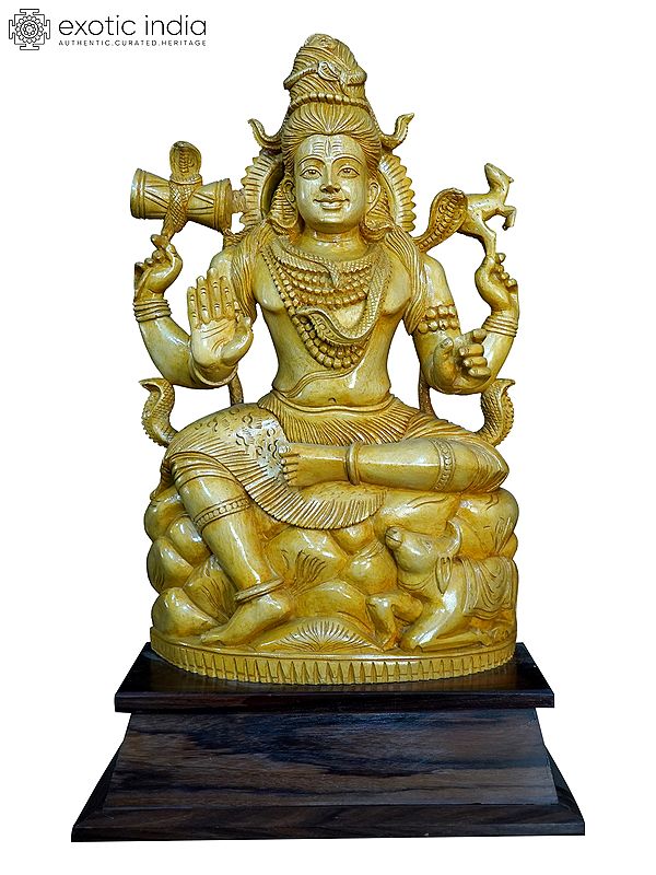 22" Chaturbhuja Lord Shiva With Nandi | Handmade White Wood Statue