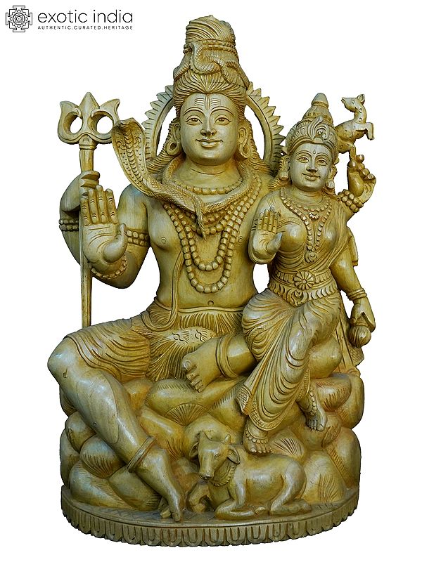 20" Lord Shiva And Goddess Parvati Seated With Nandi | Handmade White Wood Statue