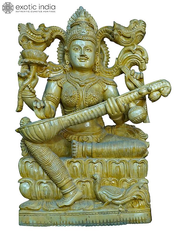19" Four Armed Goddess Saraswati Playing Sitar | Handmade White Wood Statue