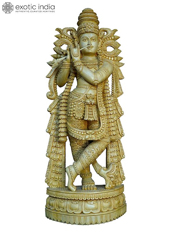 30" Wood Carving Statue Of Lord Krishna | Handmade White Wood Statue