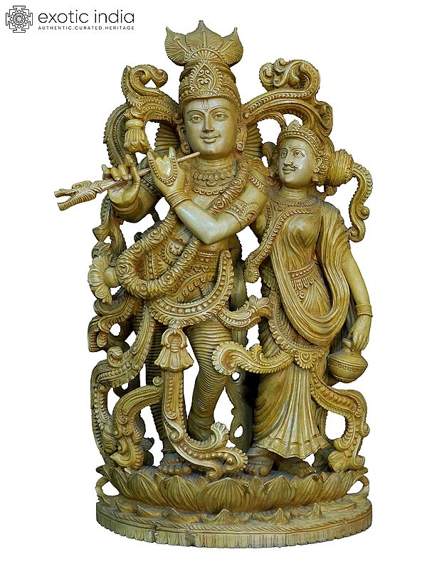 31" Lord Krishna Playing Flute With Radha | Handmade White Wood Statue