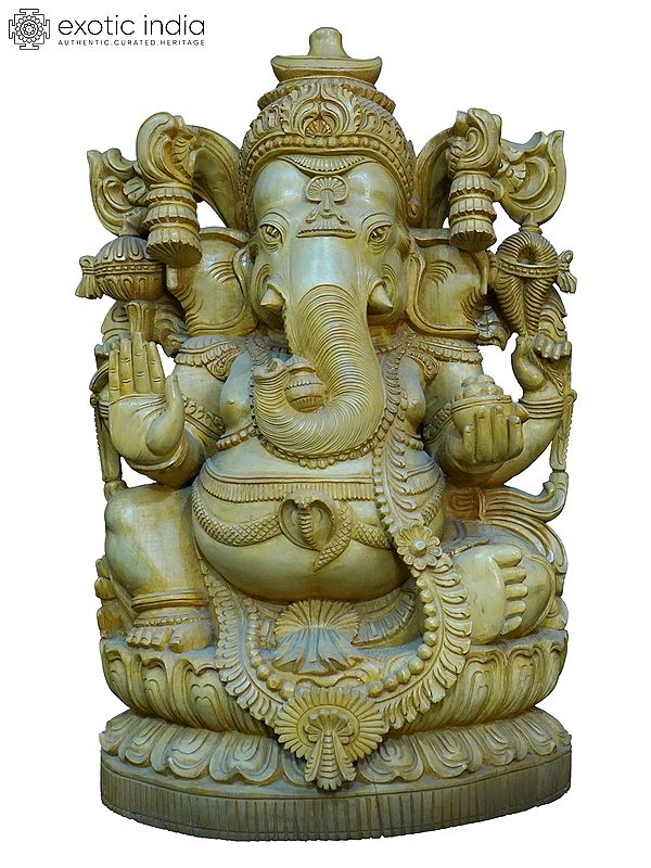 25" Wood Sculpture Of Lord Ganesha With Carving | Handmade White Wood Statue