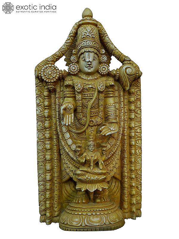16" Lord Venketeshwara Statue With Goddess Lakshmi | Handmade White Wood Statue