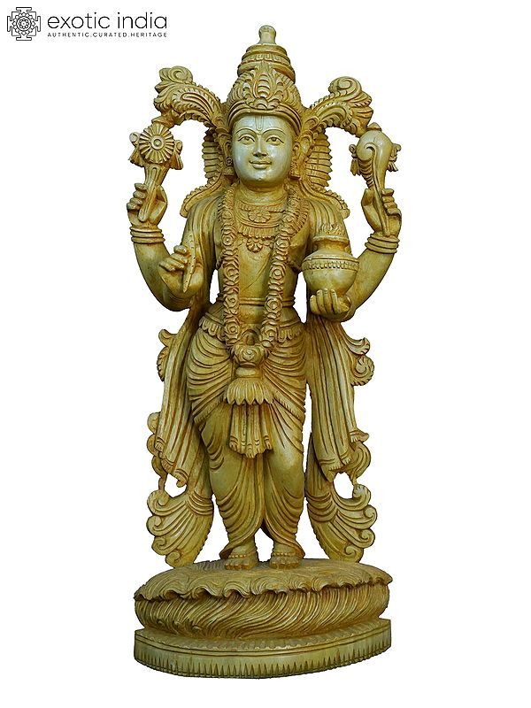 25" Lord Dhanvantari Statue With Vaishnava Symbols | Handmade White Wood Statue