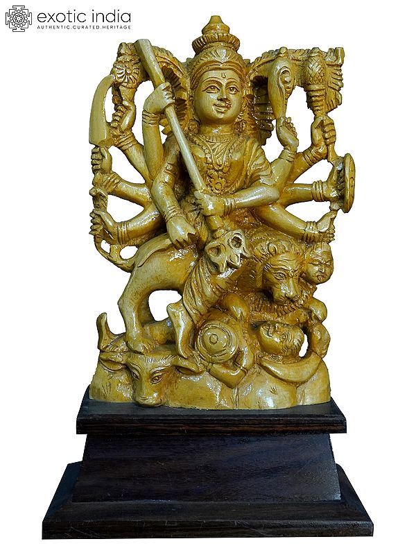 10" Goddess Durga Killed The Mahishasura | Handmade White Wood Statue