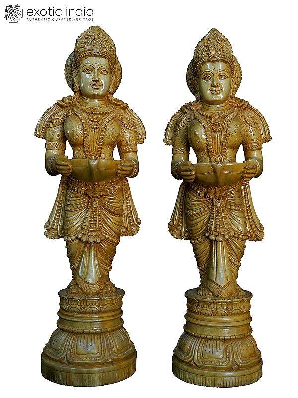 23" The Pair Of Deeplakshmi Wood Statue For Temple | Handmade White Wood Statue