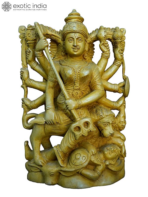 12" Ten Armed Goddess Durga With Trident | Handmade White Wood Statue