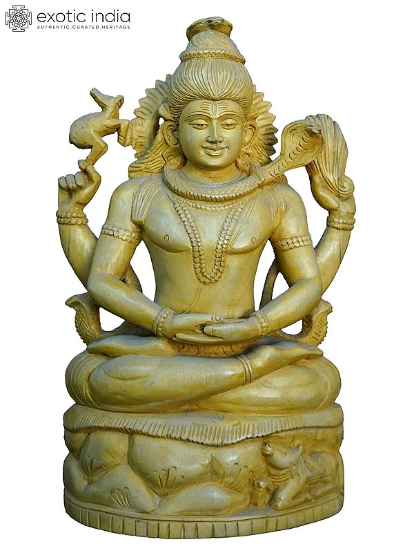 14" Lord Shiva Seated In Dhyana Mudra | Handmade White Wood Statue