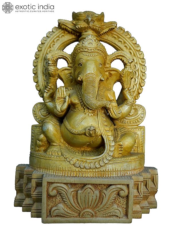 10" Lord Ganesha Seated On Kirtimukha Throne | Handmade White Wood Statue