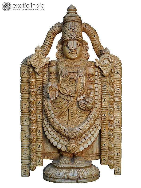 11" Lord Tirupati Balaji Wood Statue With Beautiful Carving | Handmade White Wood Statue