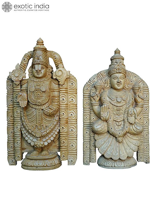 9" Lord Balaji With Goddess Padmavati | Handmade White Wood Statue