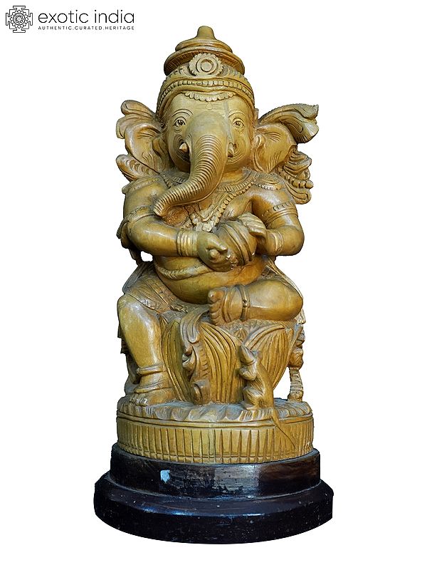 14" Lord Ganesha Seated With Mushak | Handmade White Wood Statue
