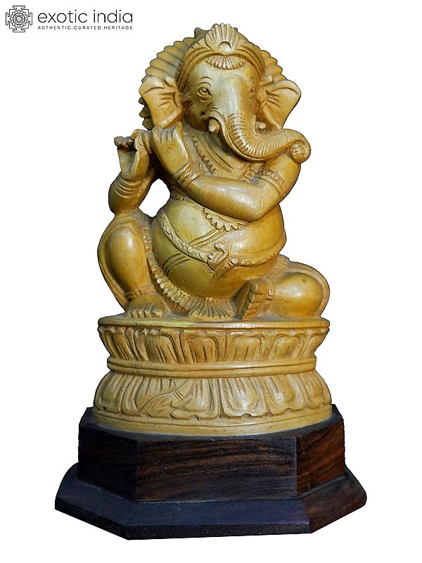 8" Lord Ganapati Seated On Lotus | Handmade White Wood Statue