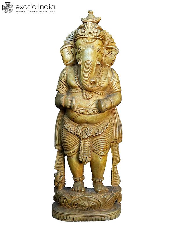 10" Musical Ganesha Standing With Mushak | Handmade White Wood Statue
