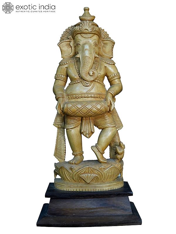 13" Musical Ganesha Playing Dhol | Handmade White Wood Statue