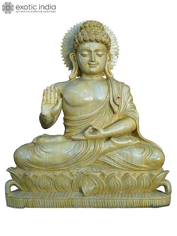 18" Gautam Buddha Seated On Lotus Flower | Handmade White Wood Statue