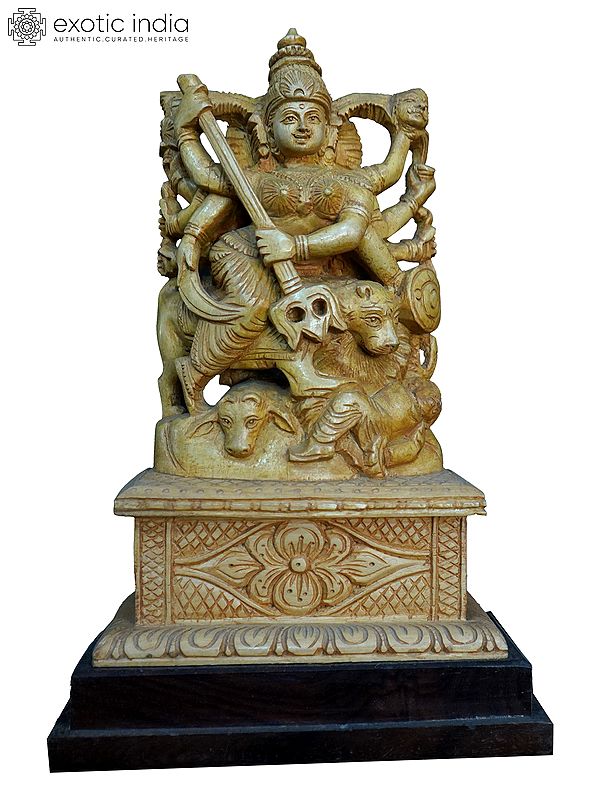 13" A Warrior Goddess - Durga | Handmade White Wood Statue