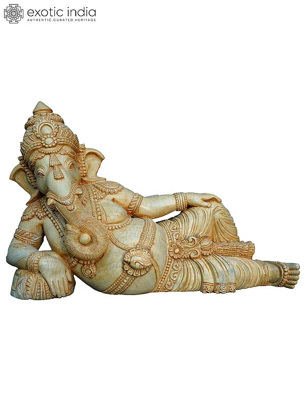 11" Reclining Ganesha Wood Carved Statue | Handmade White Wood Statue