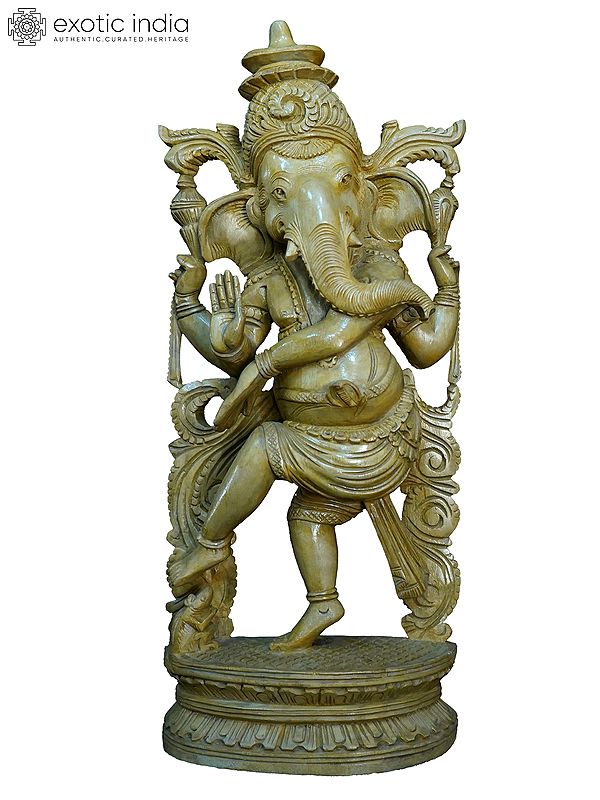 16" Dancing Ganesha In Tandav Posture | Handmade White Wood Statue