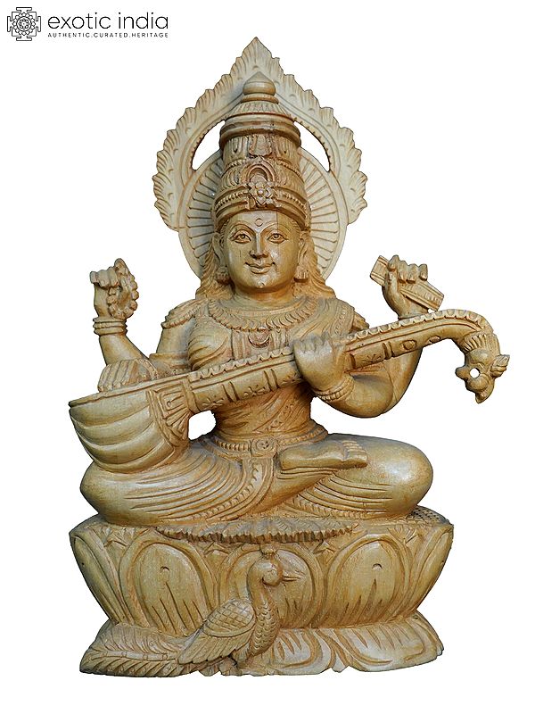 12" Chaturbhuja Goddess Saraswati Playing Sitar | Handmade White Wood Statue