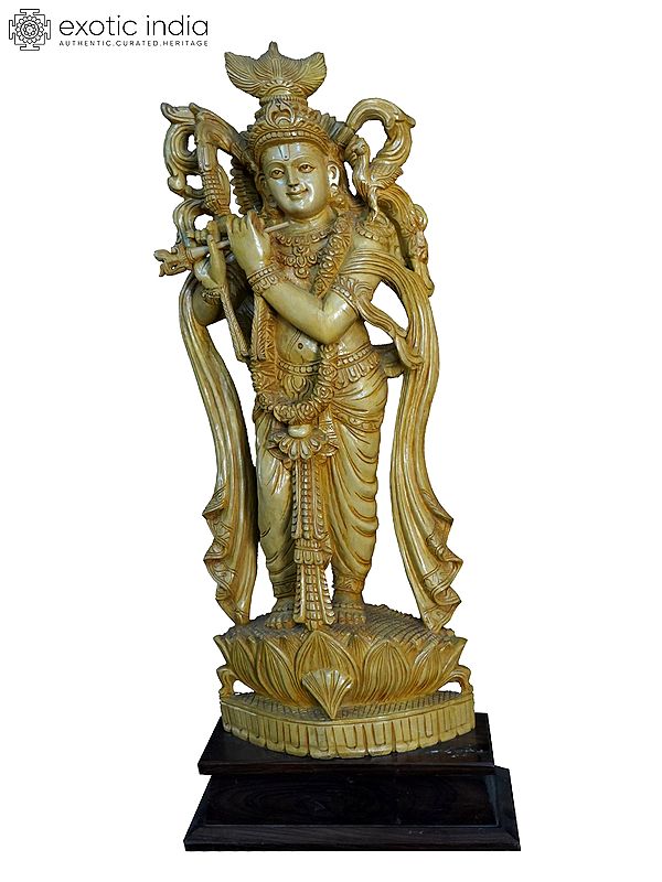 26" Fluting Krishna Standing On Lotus | Handmade White Wood Statue