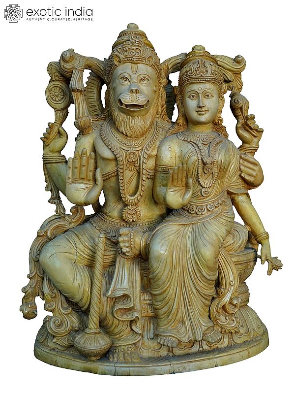 24" Lord Vishnu As Narasimha With Goddess Lakshmi | Handmade White Wood Statue