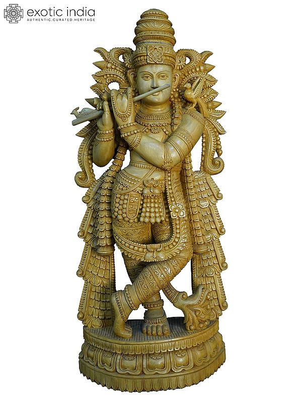 36" Attractive Wood Carved Statue Of Lord Krishna | Handmade White Wood Statue