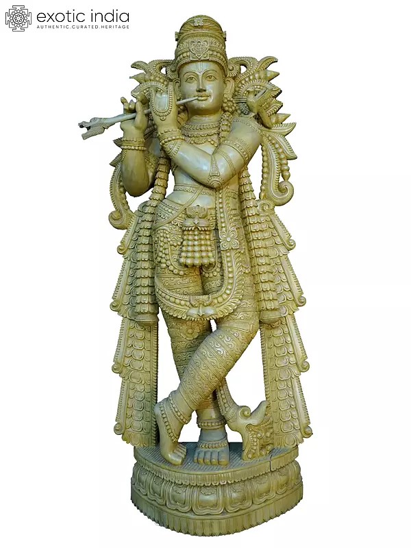 49" Lord Krishna Statue Standing In Fluting Posture | Handmade White Wood Statue