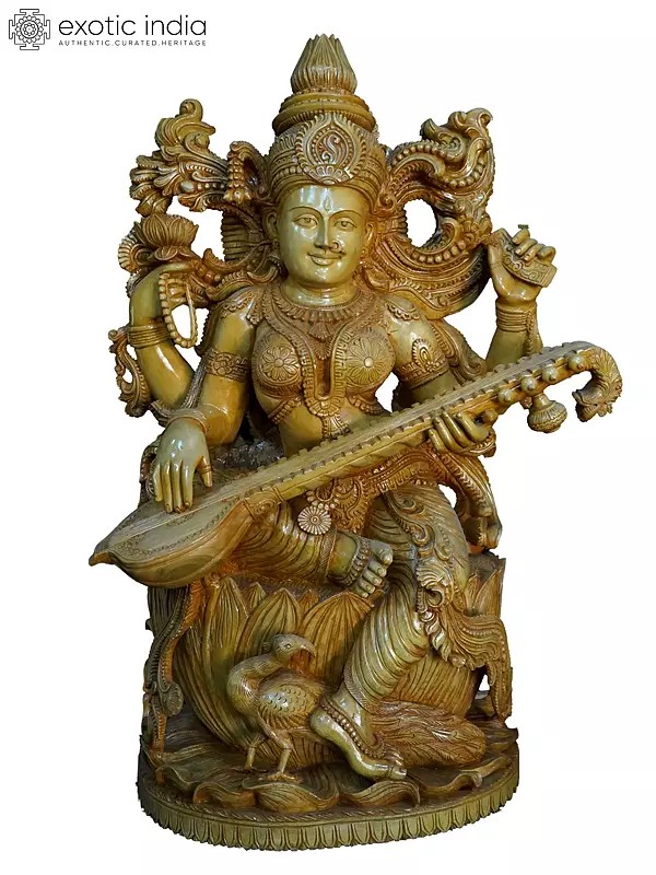 38" Goddess Saraswati Sculpture With Sitar And Peacock | Handmade White Wood Statue