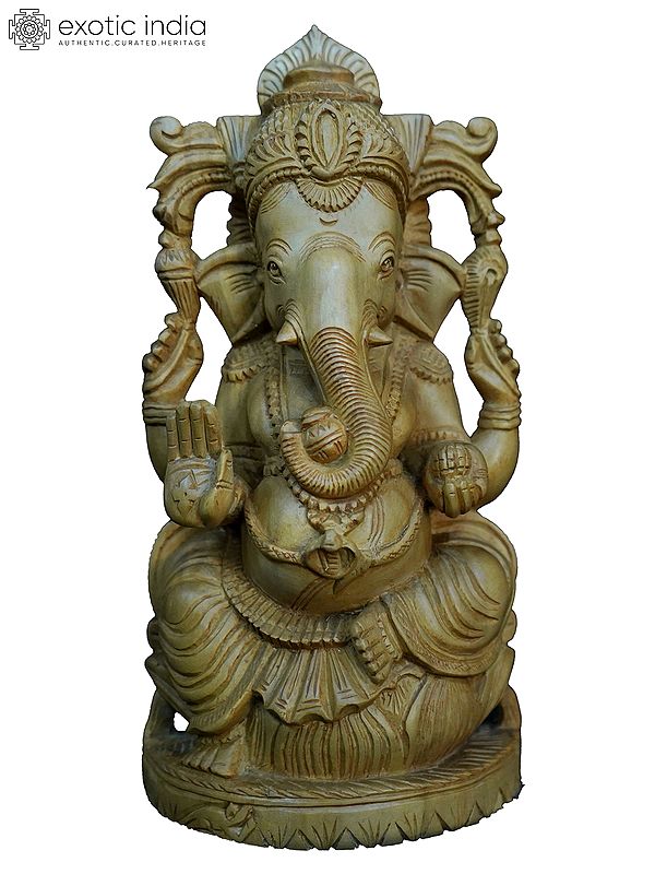 9" Seated Ganesha With Blesshing Mudra | Handmade White Wood Statue