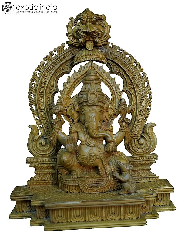 7" Lord Ganapati Seated On Kirtimukha Throne With Mushak | Handmade White Wood Statue